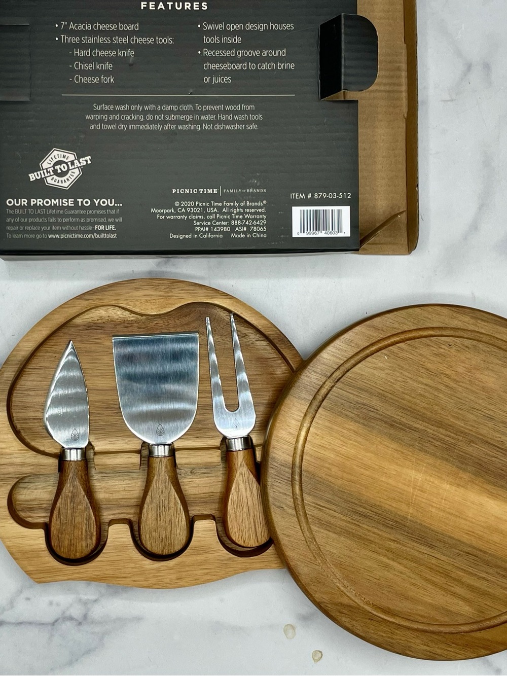7” round Acacia Wood Cheese Board Set with Stainless Tools